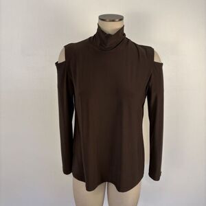 Clara Sun Woo Womens Brown Cut Out Cold Shoulder Top Shirt Size Large Mock Neck